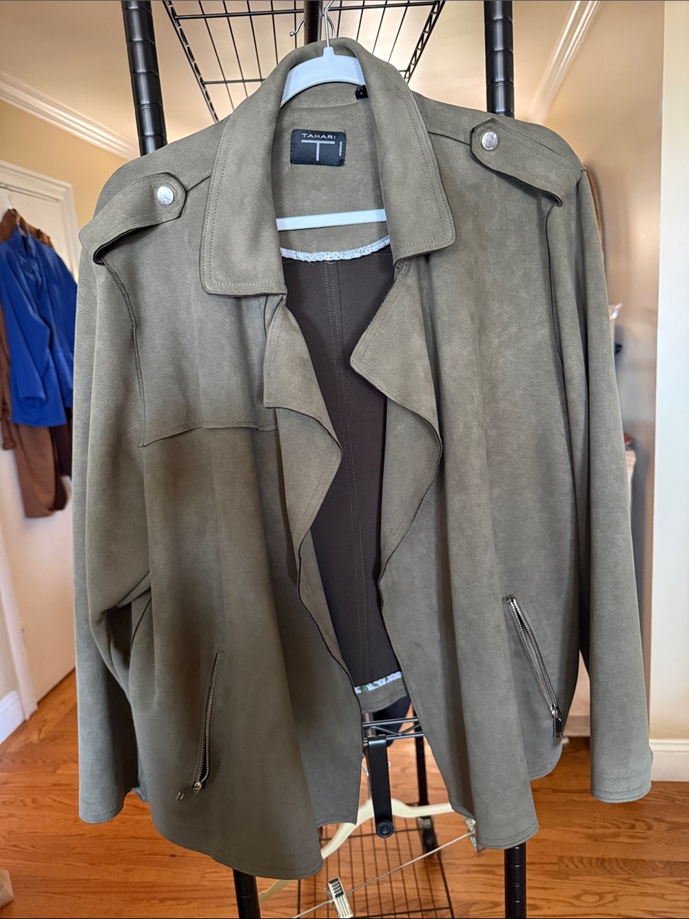Tahari Olive Green Draped Suede-Look Jacket